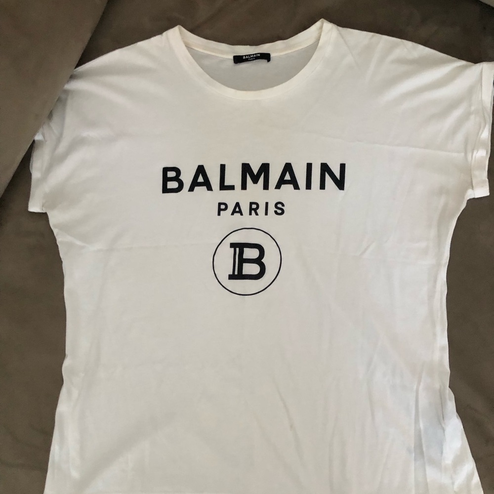 Balmain Paris 1945 Logo Graphic T-Shirt Black & Silver Glitter White Size Large